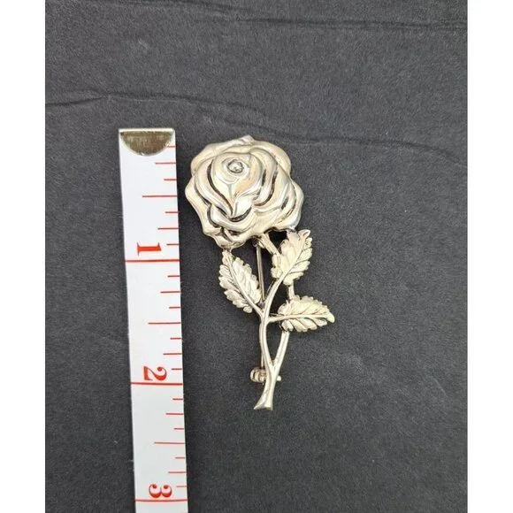 Vintage Sterling Silver Rose Brooch Pin Detailed Floral Design Floral Statement - Picture 7 of 9